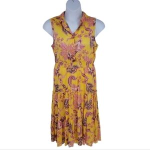 Alex & Parker Gold and Pink Floral Collared Neck Dress With Frill Trim‎ Size L
